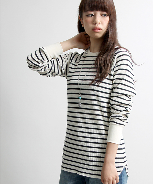 WEGO（ウィゴー）の「WEGO/ワッフルラウンドTシャツ（Tシャツ/カットソー・レディース・アイボリー/杢グレー/ブルー系その他/カーキ・FREE）」の4枚目の写真