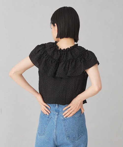 美品♡シェリエ sheller フリルブラウス ドット BLACK line sheer frill blouse – shéller / シェリエ