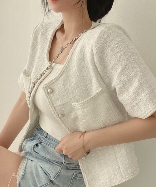 MILAE（ミレ）の「チェックサマーツイードノーカラー半袖ジャケット（ノーカラージャケット・レディース・ブラック/ブルー/ホワイト・L/M）」の4枚目の写真