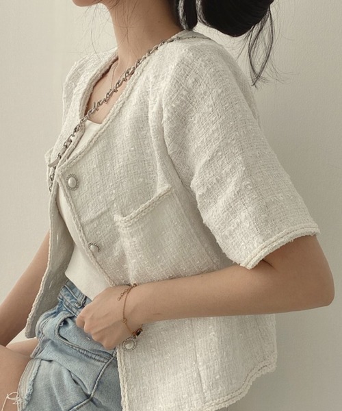 MILAE（ミレ）の「チェックサマーツイードノーカラー半袖ジャケット（ノーカラージャケット・レディース・ブラック/ブルー/ホワイト・L/M）」の7枚目の写真