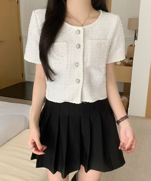 MILAE（ミレ）の「チェックサマーツイードノーカラー半袖ジャケット（ノーカラージャケット・レディース・ブラック/ブルー/ホワイト・L/M）」の8枚目の写真