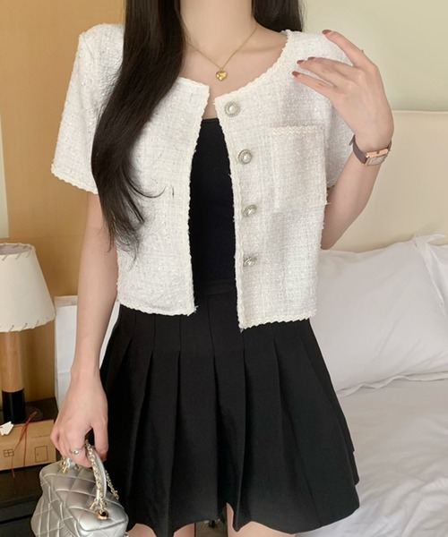 セール】チェックサマーツイードノーカラー半袖ジャケット（ノーカラー  