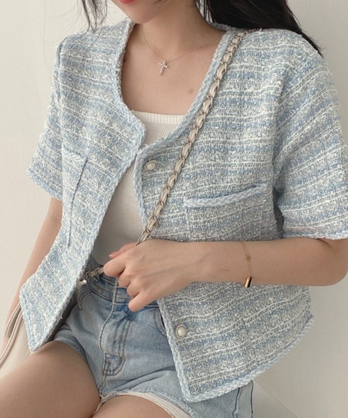 MILAE（ミレ）の「チェックサマーツイードノーカラー半袖ジャケット（ノーカラージャケット・レディース・ブラック/ブルー/ホワイト・L/M）」の15枚目の写真