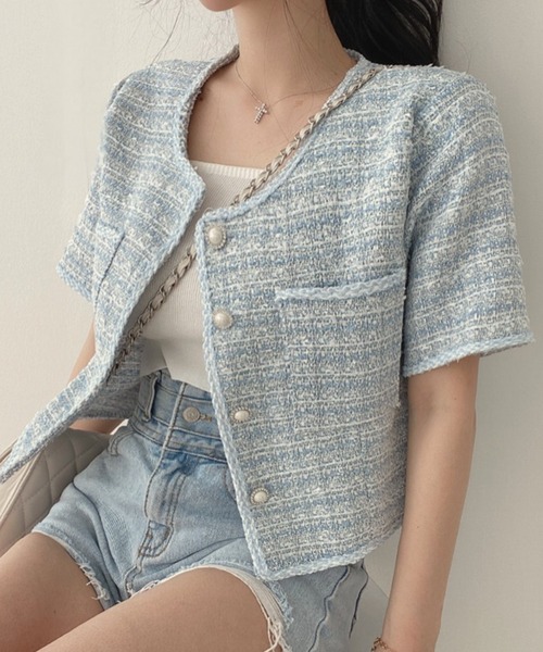 MILAE（ミレ）の「チェックサマーツイードノーカラー半袖ジャケット（ノーカラージャケット・レディース・ブラック/ブルー/ホワイト・L/M）」の17枚目の写真
