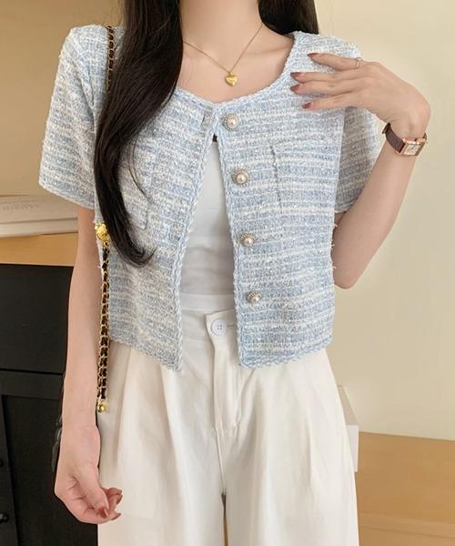 セール】チェックサマーツイードノーカラー半袖ジャケット（ノーカラー  