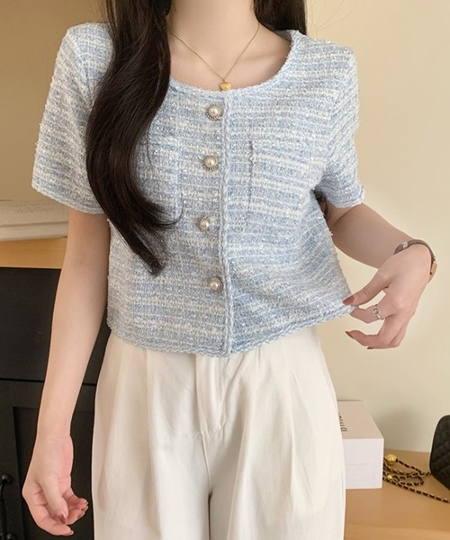 MILAE（ミレ）の「チェックサマーツイードノーカラー半袖ジャケット（ノーカラージャケット・レディース・ブラック/ブルー/ホワイト・L/M）」の21枚目の写真