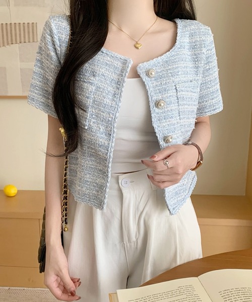 MILAE（ミレ）の「チェックサマーツイードノーカラー半袖ジャケット（ノーカラージャケット・レディース・ブラック/ブルー/ホワイト・L/M）」の22枚目の写真