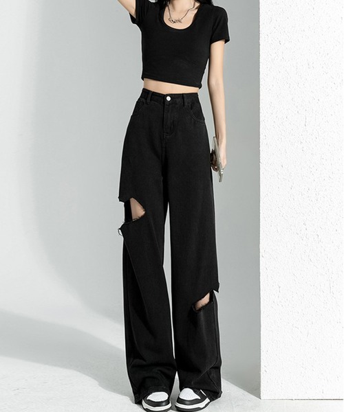 LCDC TM ■ CUT-OUT WAIST WASHED DENIM デニム セール】Cut Out Straight Denim Pants / カットアウト