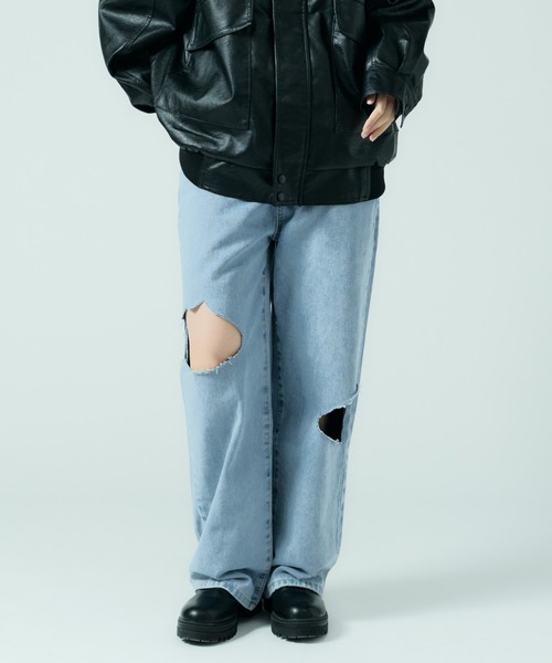 デニム・ジーパン CUT-OUT JEANS セール】Cut Out Straight Denim Pants / カットアウト