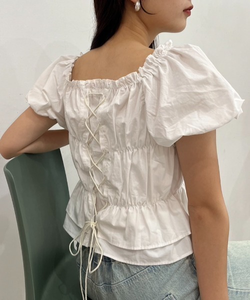 one after another NICE CLAUP（ワンアフターアナザーナイスクラップ）の「バックレースアップ2wayブラウス（シャツ/ブラウス・レディース・ブラック/オフホワイト/ピンク/ブルー・FREE）」の2枚目の写真