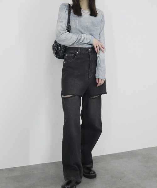 Reurie'(レウリィ)の「ルーズパターンシアートップ/loose pattern sheer top 長袖 クルーネック シースルー 透け感 インナー ニュアンス柄 マーブル模様 総柄 ラメ 大人カジュアル 韓国 水色 ライトブルー ブルー 黒 ブラック(Tシャツ/カットソー・レディース・ブラック/ブルー系その他・FREE)」の13枚目の写真