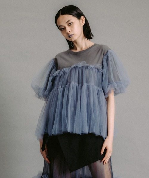 VIVIANO(ヴィヴィアーノ)の「【VIVIANO/ヴィヴィアーノ】《STUDIOUS別注》Tulle Lyered T-shirt/チュールレイヤードTシャツ(Tシャツ/カットソー・レディース・グレー/ブラック/ホワイト・FREE)」の3枚目の写真