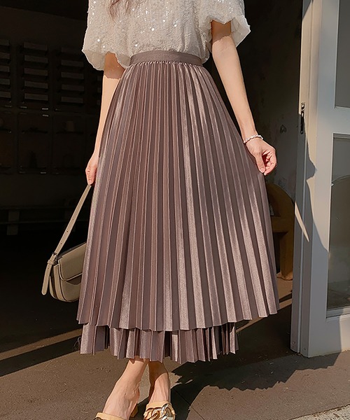 Girly Doll(ガーリードール)の「異素材切り替えプリーツスカート(スカート・レディース・ブラウン/ベージュ/ブラック・F)」の3枚目の写真