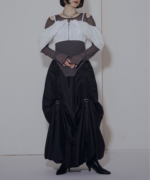 olu. ストライプバルーンビスチェセット tops-02511 ピンストライプ オーバー シャツ ホワイト ブラック