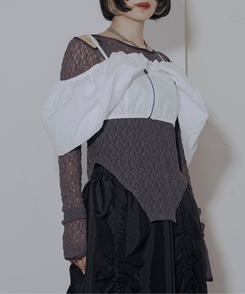 olu. ストライプバルーンビスチェセット tops-02511 ピンストライプ オーバー シャツ ホワイト ブラック