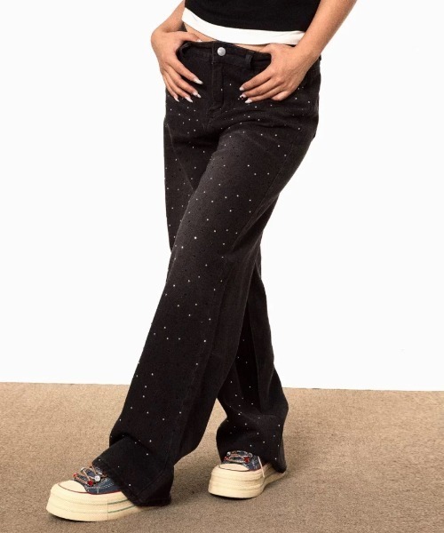 GORGE（ゴージ）の「《ラインストーンきらめき×美脚ストレート》レディース デニムパンツ ワイド ストレートパンツ 春夏秋冬 映え（デニムパンツ・レディース・ブラック/ブルー系その他/ライトブラック/ライトブルー・S/M）」の18枚目の写真