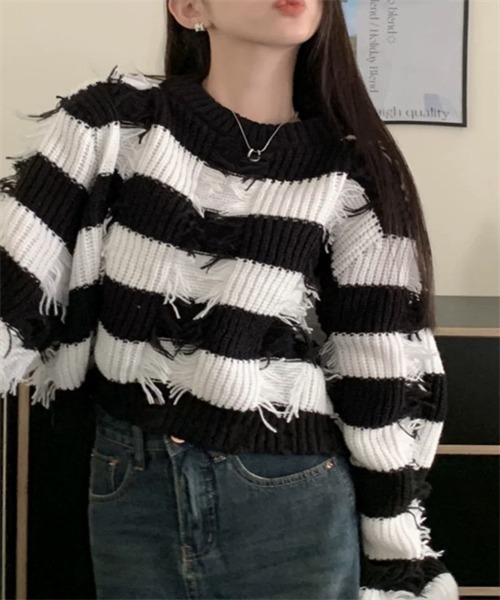 FREE STYLISTS（フリー スタイリスト）の「フリンジボーダーニットプルオーバー（ニット/セーター・レディース・パープル/ブラウン/レッド/ブラック・FREE）」の9枚目の写真