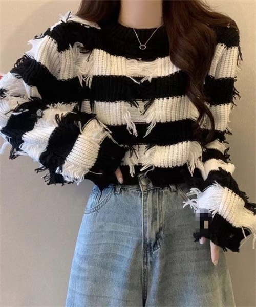 FREE STYLISTS（フリー スタイリスト）の「フリンジボーダーニットプルオーバー（ニット/セーター・レディース・パープル/ブラウン/レッド/ブラック・FREE）」の7枚目の写真