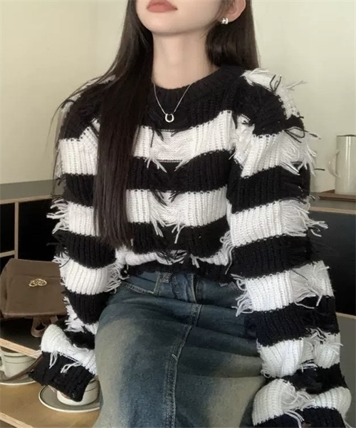 FREE STYLISTS（フリー スタイリスト）の「フリンジボーダーニットプルオーバー（ニット/セーター・レディース・パープル/ブラウン/レッド/ブラック・FREE）」の10枚目の写真