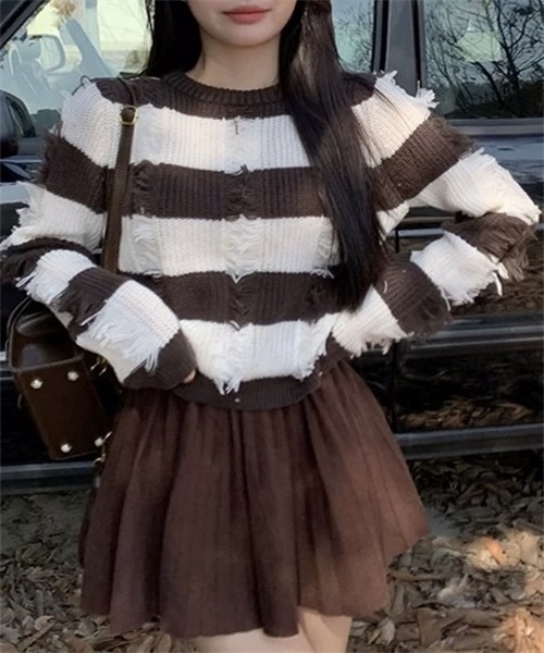 FREE STYLISTS（フリー スタイリスト）の「フリンジボーダーニットプルオーバー（ニット/セーター・レディース・パープル/ブラウン/レッド/ブラック・FREE）」の13枚目の写真