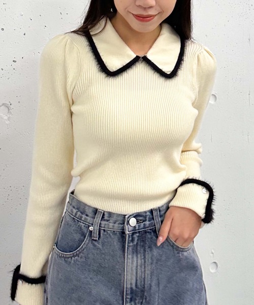 archives（アルシーヴ）の「フェザーパイピングカラーリブニット（ニット/セーター・レディース・ピンクベージュ/ブラック/アイボリー・MEDIUM）」の11枚目の写真