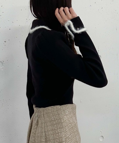 archives（アルシーヴ）の「フェザーパイピングカラーリブニット（ニット/セーター・レディース・ピンクベージュ/ブラック/アイボリー・MEDIUM）」の6枚目の写真