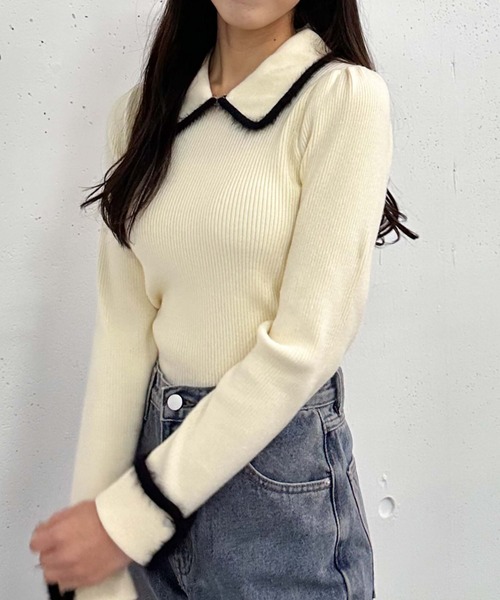 archives（アルシーヴ）の「フェザーパイピングカラーリブニット（ニット/セーター・レディース・ピンクベージュ/ブラック/アイボリー・MEDIUM）」の13枚目の写真