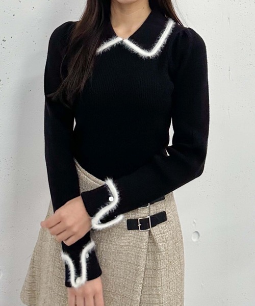 archives（アルシーヴ）の「フェザーパイピングカラーリブニット（ニット/セーター・レディース・ピンクベージュ/ブラック/アイボリー・MEDIUM）」の5枚目の写真