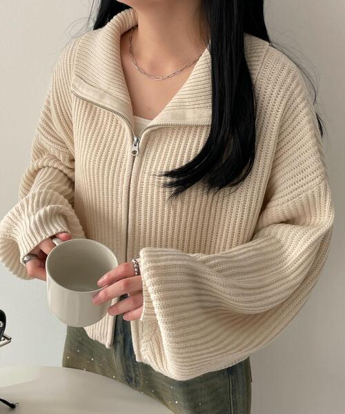 WEGO（ウィゴー）の「WEGO/ダブルジップショートニットブルゾン（カーディガン/ボレロ・レディース・ブラック系その他5/グレー/アイボリー・FREE）」の2枚目の写真