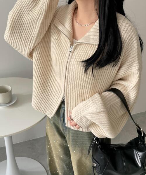 WEGO（ウィゴー）の「WEGO/ダブルジップショートニットブルゾン（カーディガン/ボレロ・レディース・ブラック系その他5/グレー/アイボリー・FREE）」の19枚目の写真