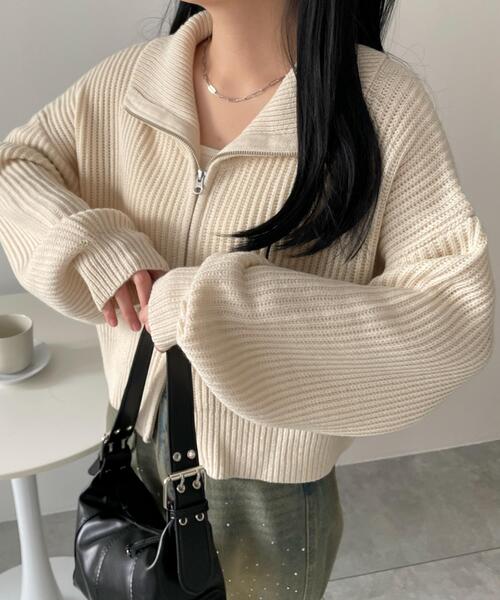 WEGO（ウィゴー）の「WEGO/ダブルジップショートニットブルゾン（カーディガン/ボレロ・レディース・ブラック系その他5/グレー/アイボリー・FREE）」の20枚目の写真