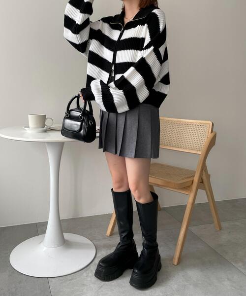 WEGO（ウィゴー）の「WEGO/ダブルジップショートニットブルゾン（カーディガン/ボレロ・レディース・ブラック系その他5/グレー/アイボリー・FREE）」の4枚目の写真