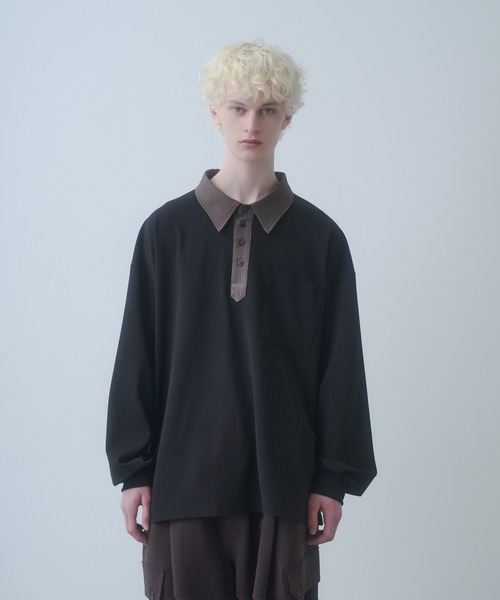 DOOPZ（ドープス）の「Moss stitch polo long T - 鹿の子切替カットソー（シャツ/ブラウス・メンズ・ブラック/グレー・SMALL/MEDIUM/LARGE）」の4枚目の写真