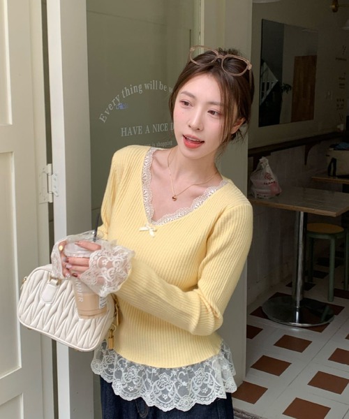 50%OFF セール】Vネックリボン付きニットトップス/レース付きニット トップス