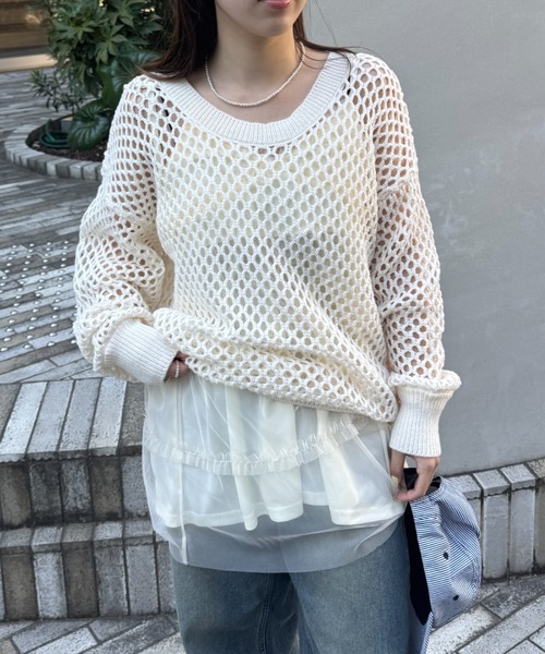 FOREVER 21（フォーエバー トゥエンティーワン）の「【2025SS】2WAYメッシュニットプルオーバー（ニット/セーター・レディース・ナチュラル/ピンク/ブラウン/ブラック・FREE）」の3枚目の写真