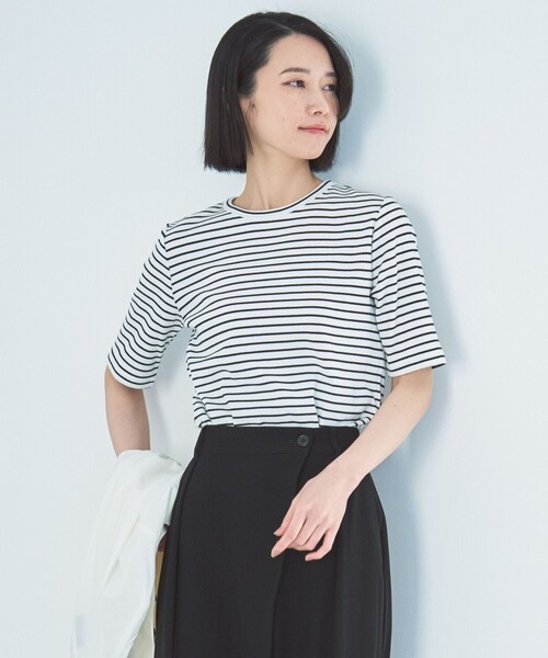 UNFILO（アンフィーロ）の「テレコ ハーフスリーブTシャツ（Tシャツ/カットソー・レディース・ブラック系/ブラック系1/ベージュ系/ホワイト系・X-LARGE）」の4枚目の写真