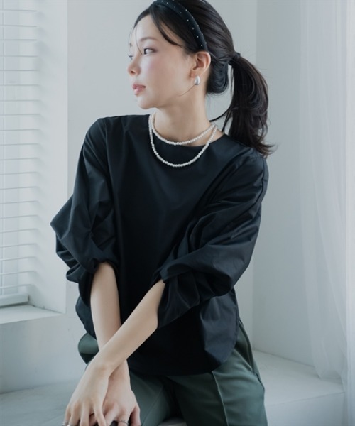 Petitjo（プッチージョ）の「小さいサイズ　綿混袖ボリュームブラウス　低身長さん・小柄女性（シャツ/ブラウス・レディース・モカ/ブルー/ブラック・PSS/PS/PM/PL）」の2枚目の写真