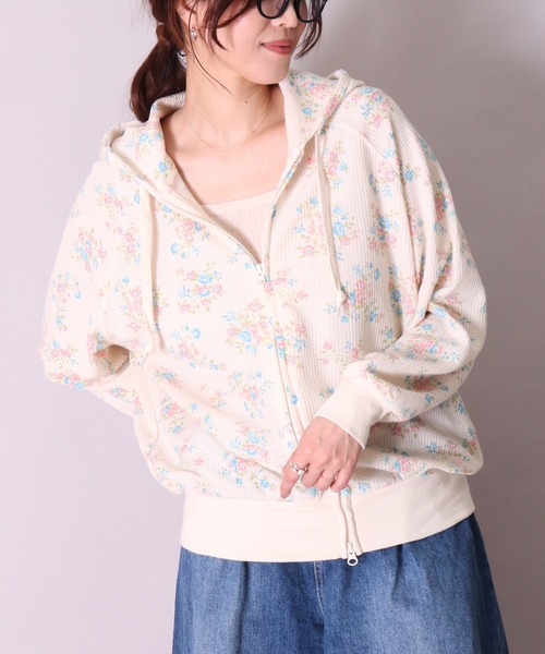 パーカー (LK)「JEMORGAN」小花柄 ワッフル ジップパーカー レディース LK)【JEMORGAN】小花柄 ワッフル ジップパーカー（パーカー