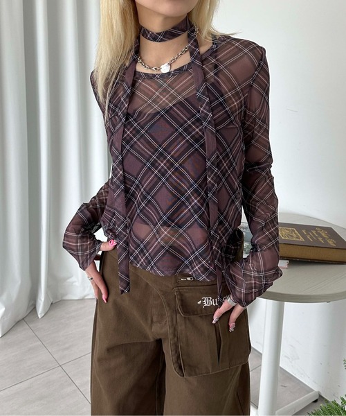 sedacle girl(セダクルガール)の「チェックシアーストールロンT(Tシャツ/カットソー・レディース・ボルドー/ブルー/チャコールグレー・MEDIUM/SMALL)」の1枚目の写真