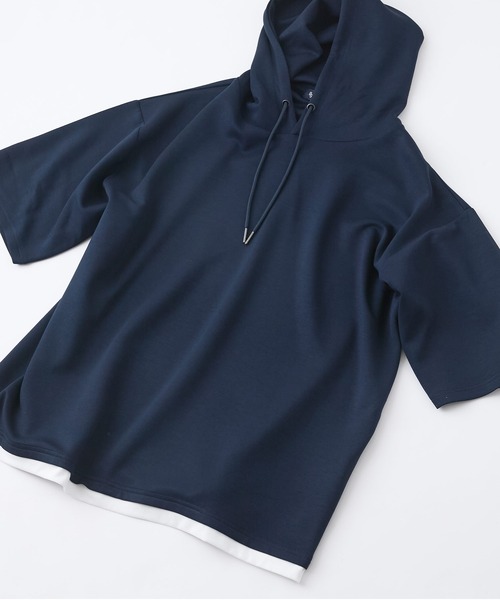 Blue Standard (ブルースタンダード)の「【Blue Standard/ブルースタンダード】接触冷感 COOLスムース フェイクレイヤード リラックスフィットTパーカー(Tシャツ/カットソー・メンズ・グレー/ブルー/ネイビー/ブラック/スモークピンク/チャコールグレー/ダークベージュ/グリーン/ダークネイビー・X-LARGE/MEDIUM/LARGE)」の6枚目の写真