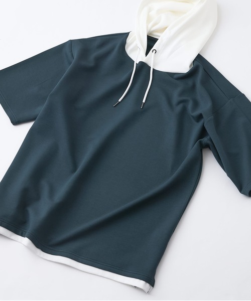 Blue Standard (ブルースタンダード)の「【Blue Standard/ブルースタンダード】接触冷感 COOLスムース フェイクレイヤード リラックスフィットTパーカー(Tシャツ/カットソー・メンズ・グレー/ブルー/ネイビー/ブラック/スモークピンク/チャコールグレー/ダークベージュ/グリーン/ダークネイビー・X-LARGE/MEDIUM/LARGE)」の7枚目の写真