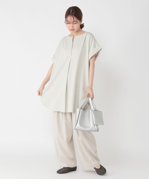 セール】バック布帛スキッパーチュニックブラウス（シャツ