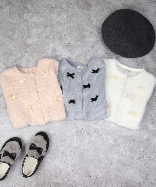 la poche biscuit（ラポシェビスキュイ）の「リボンつきシャギーカーディガン（カーディガン/ボレロ・キッズ・グレー/アイボリー/ピンク・80/140/130/120/110/100/90）」の5枚目の写真