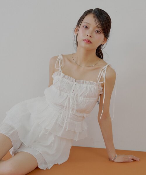 chico チコ　シアーレースベアキャミ　ショートパンツセット　【セットアップ】 セットアップ】シアーレースベアキャミ＋ショートパンツセット