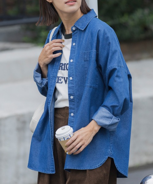HOWIE デニムシャツ　ノーカラー　フリーサイズ Big Silhouette No Collar Shirt by LELAX / ビッグシルエットノー