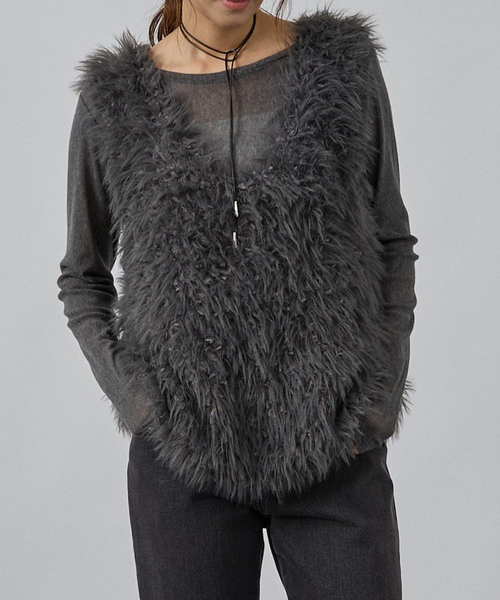 abahouse mavie(アバハウスマヴィ)の「フェザーチュールヤーンニットベスト(ベスト・レディース・グレイッシュベージュ/チャコールグレー・フリー)」の1枚目の写真