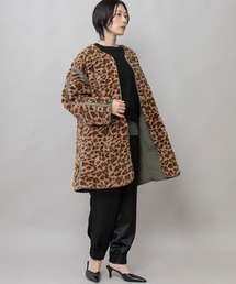 CINQUANTA タリア製 スエードノーカラージャケットコートレオパード柄38 CINQUANTA イタリア製 スエードノーカラージャケットコート レオパード