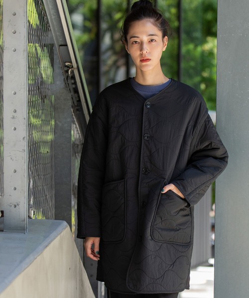 セール】キルティング×ボアリバーシブルノーカラーコート（ノーカラー