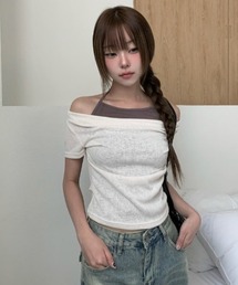 配色ホルターネックオフショルダーリブ半袖Tシャツ