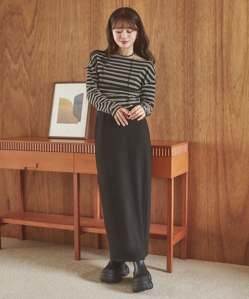 LAULEN（ローレン）の「border long skirt set up /ボーダーロングスカートセットアップ（セットアップ・レディース・グレー/チャコールグレー/ブラック・FREE）」の5枚目の写真